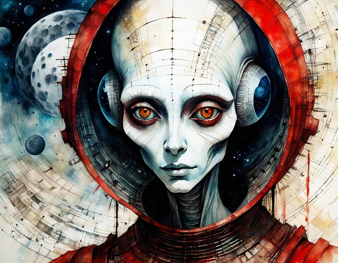 Biopunk Alien Girl Portrait in Red Ink