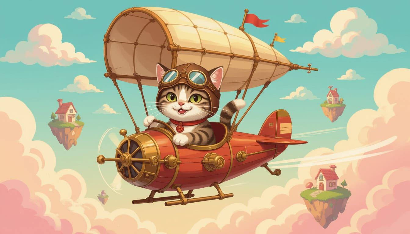 Cat Pilot Steampunk Airship Among Candy Clouds