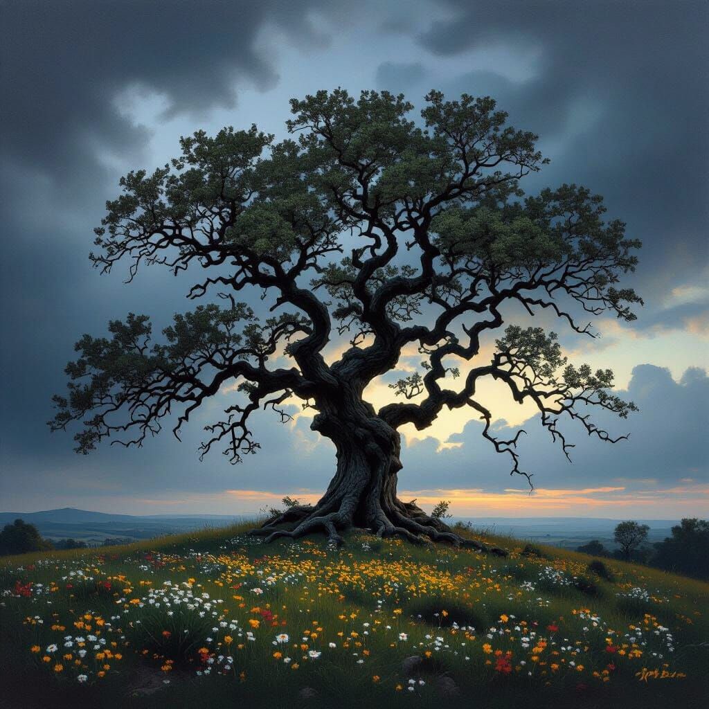 Ancient Oak on Windswept Hill in Baroque Style
