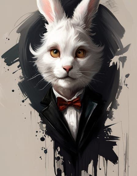 Victorian White Rabbit Illustration with Paint Splatter