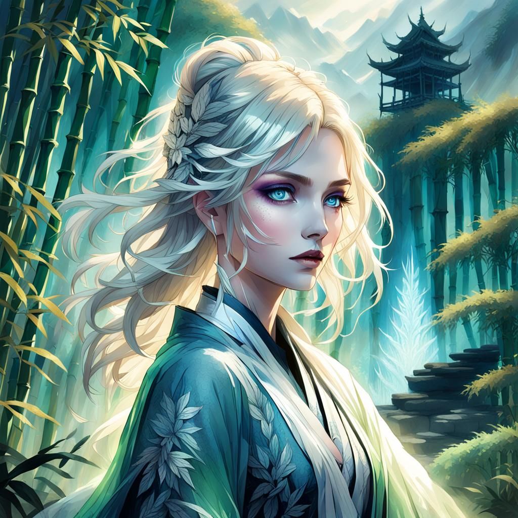 Ethereal Herbalist in a Mystical Bamboo Landscape