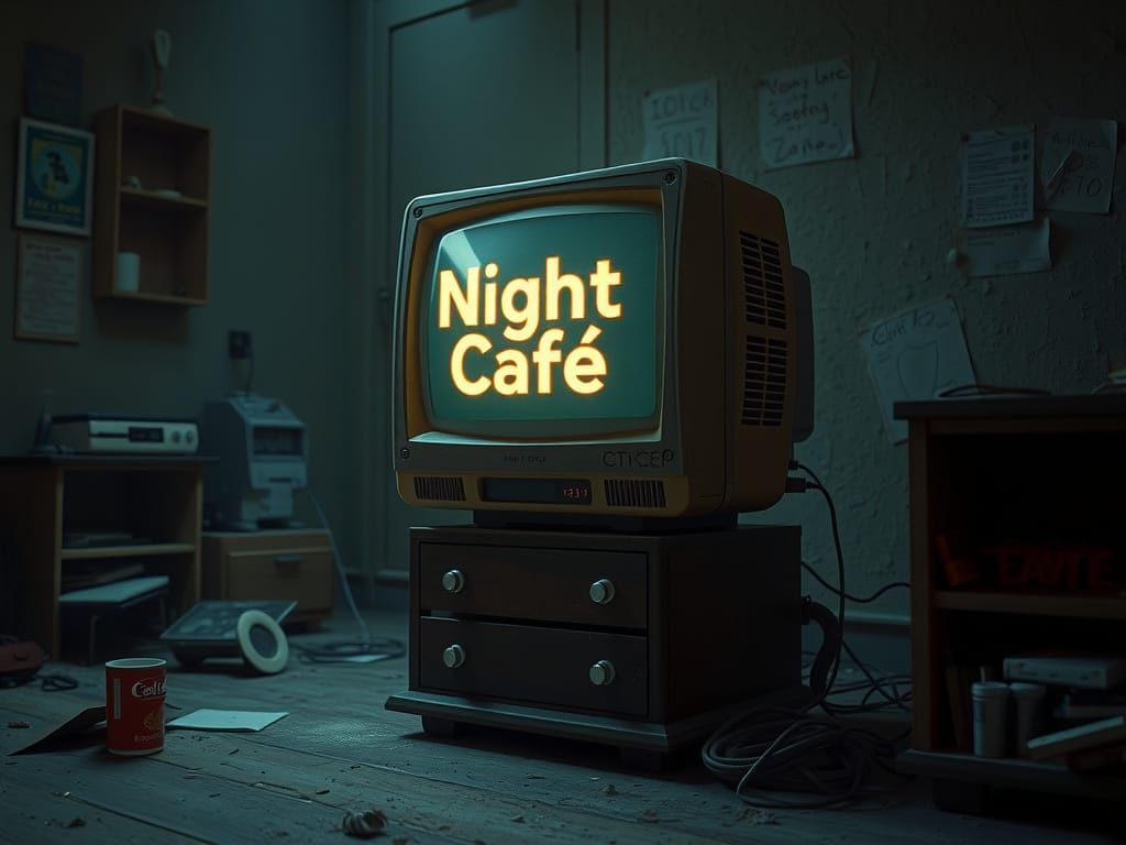 Vintage CRT Monitor in a Dimly Lit, Cluttered Room