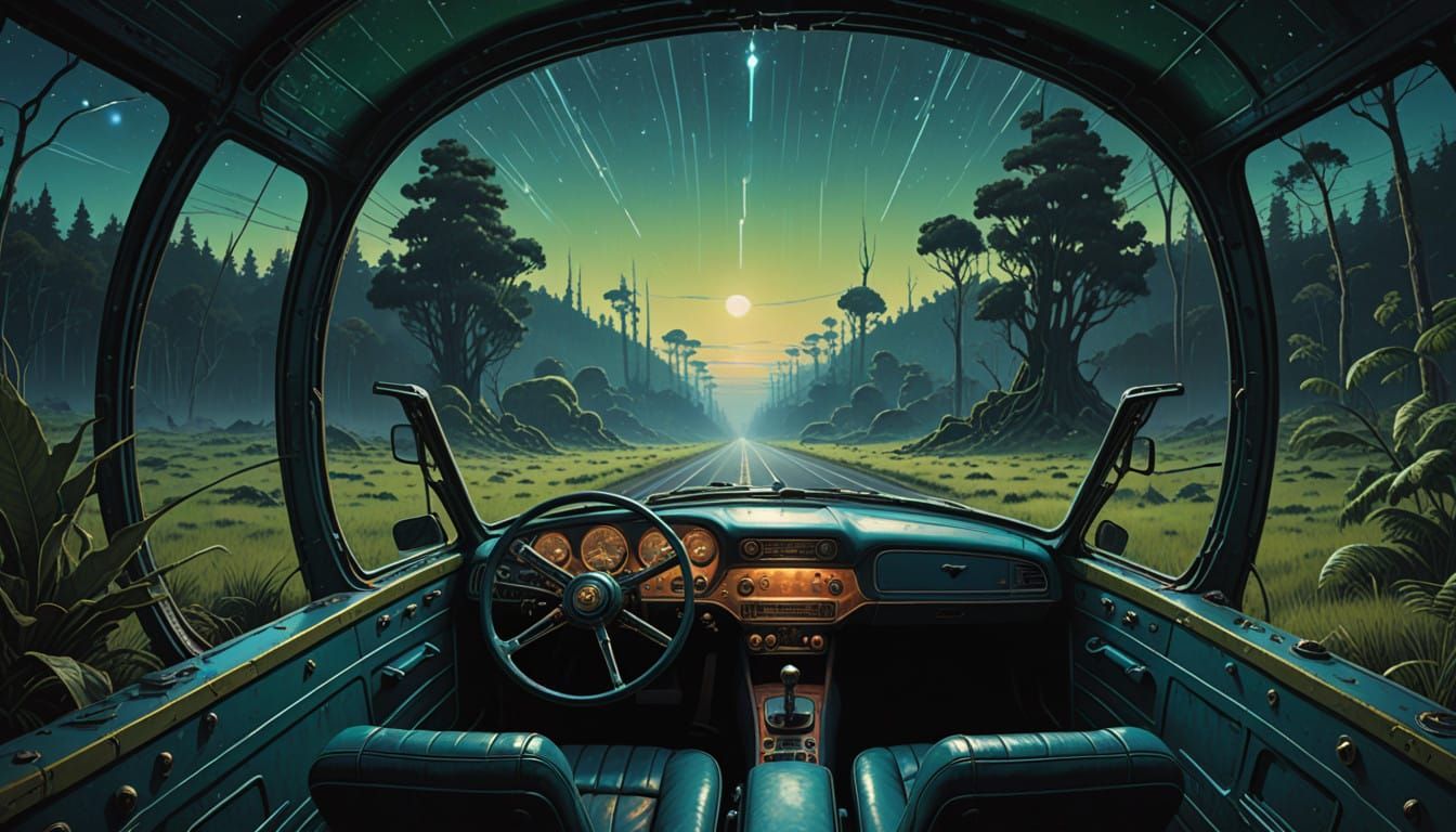Woman Speeds Through Cosmic Tunnel in Vintage Car