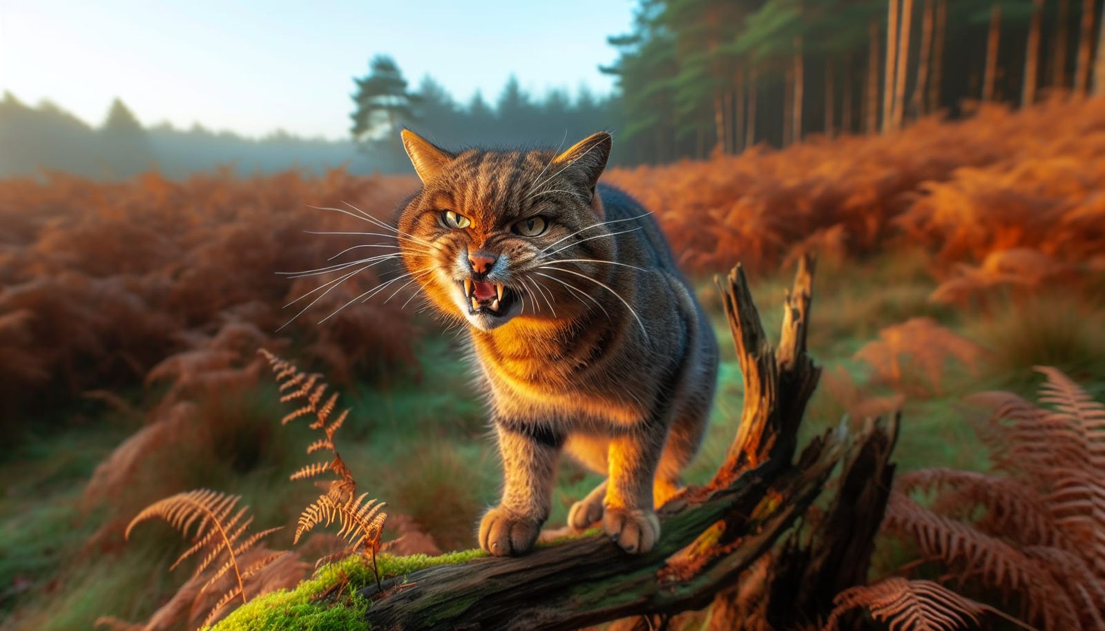 Scottish Wildcat Snarls in Morning Sunlight