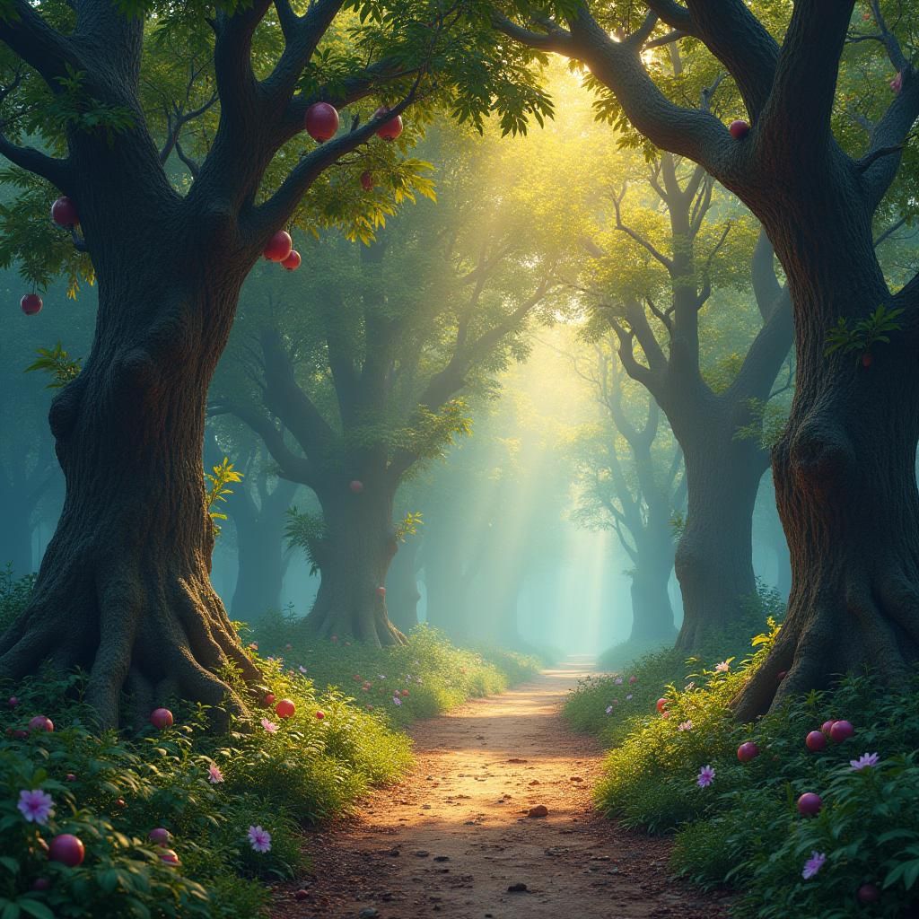 Enchanted Forest Path with Fruit Trees