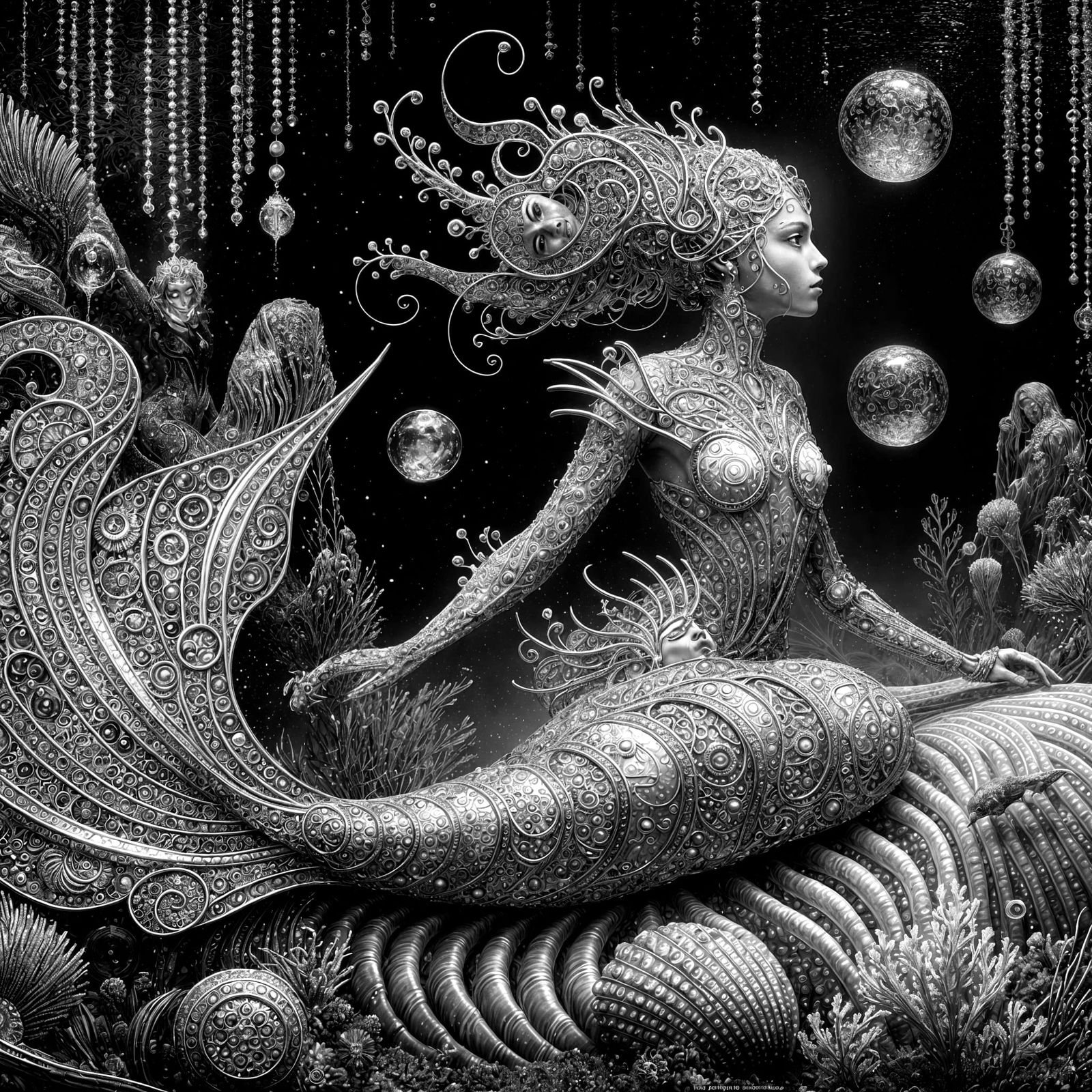 Jeweled Mermaid in a Psychedelic Underwater Scene