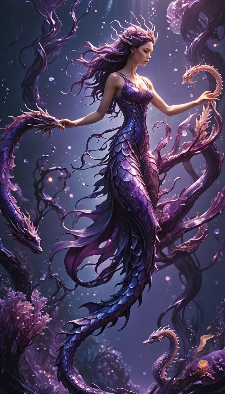 Amethyst Dragon Siren in a Dreamy Violet Sea