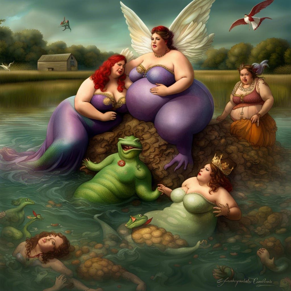 Angel and Mermaid Wrestle in Estuary: Fantasy Art