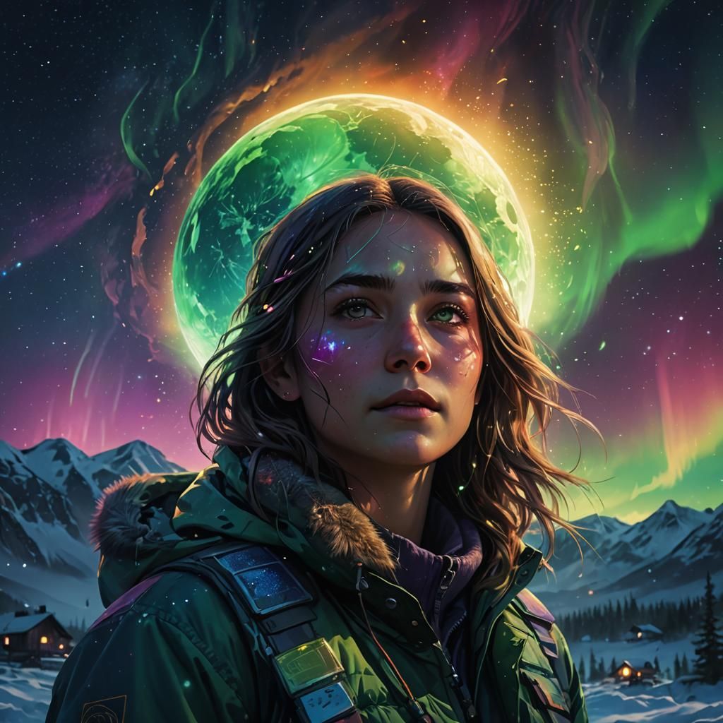 Iridescent Moon with Northern Lights and Stars