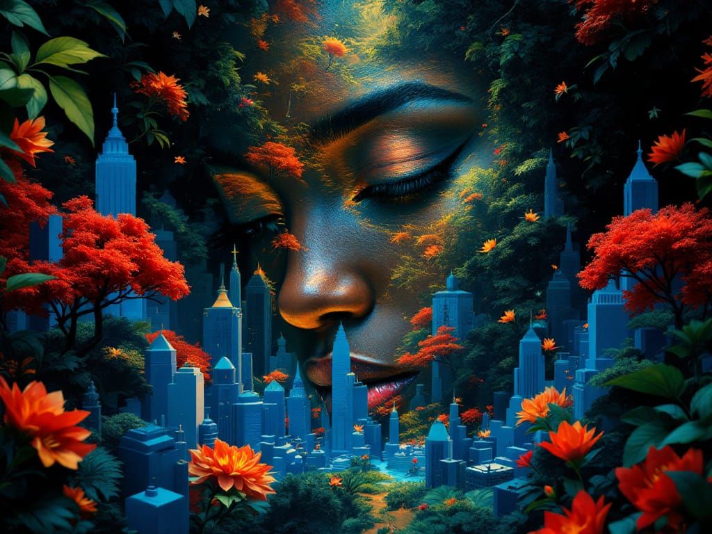 Monochromatic Woman's Face Over 3D Cityscape and Jungle