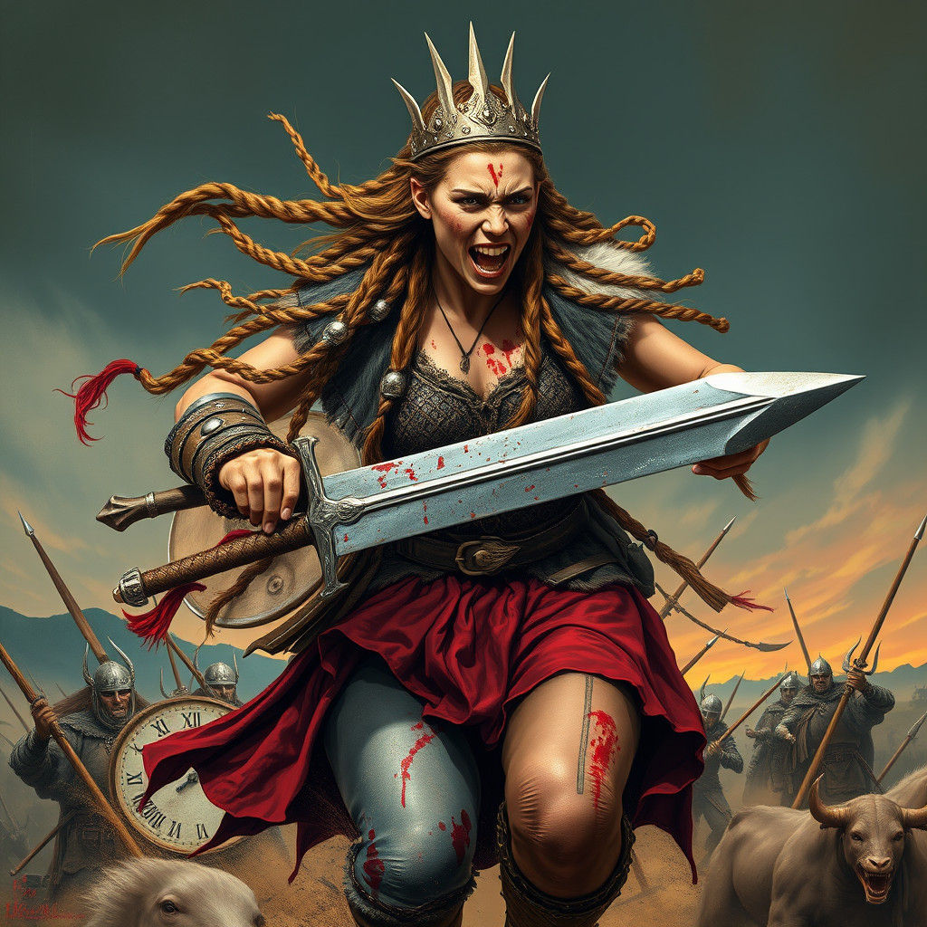 Viking Warrior Woman in Surreal Battle Scene