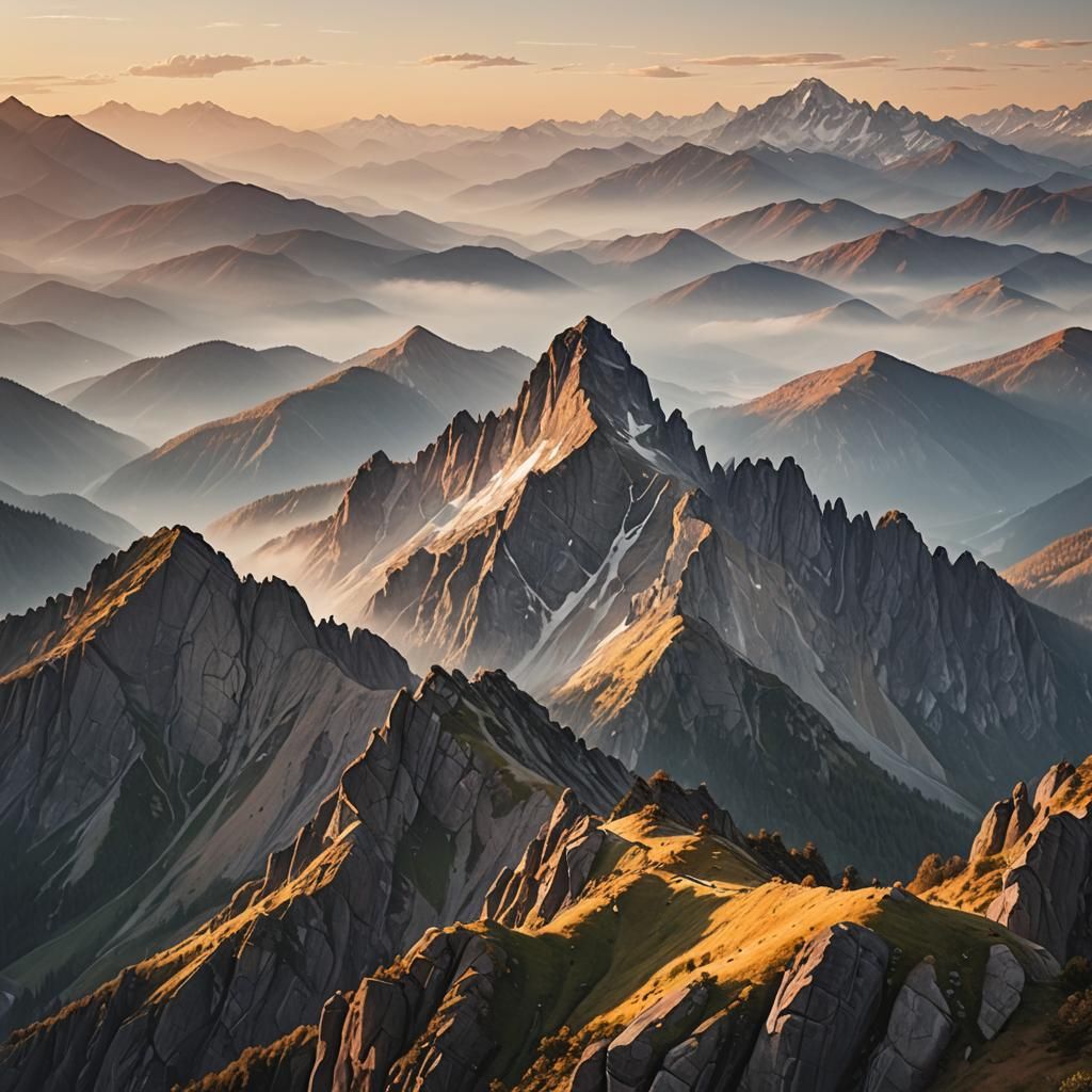 Majestic Mountains Bathed in Dawn Light in Luminous Realism