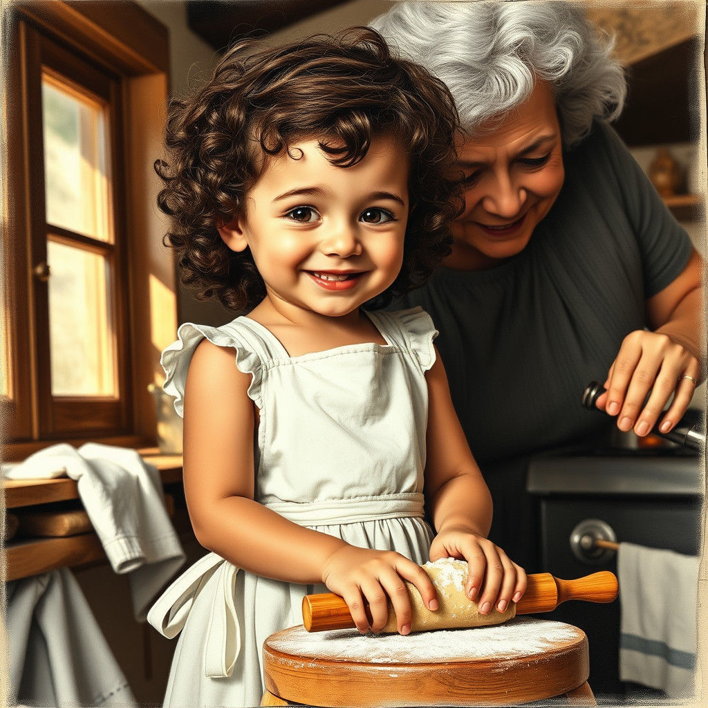 Girl Baking Pies with Grandma: Charcoal Drawing