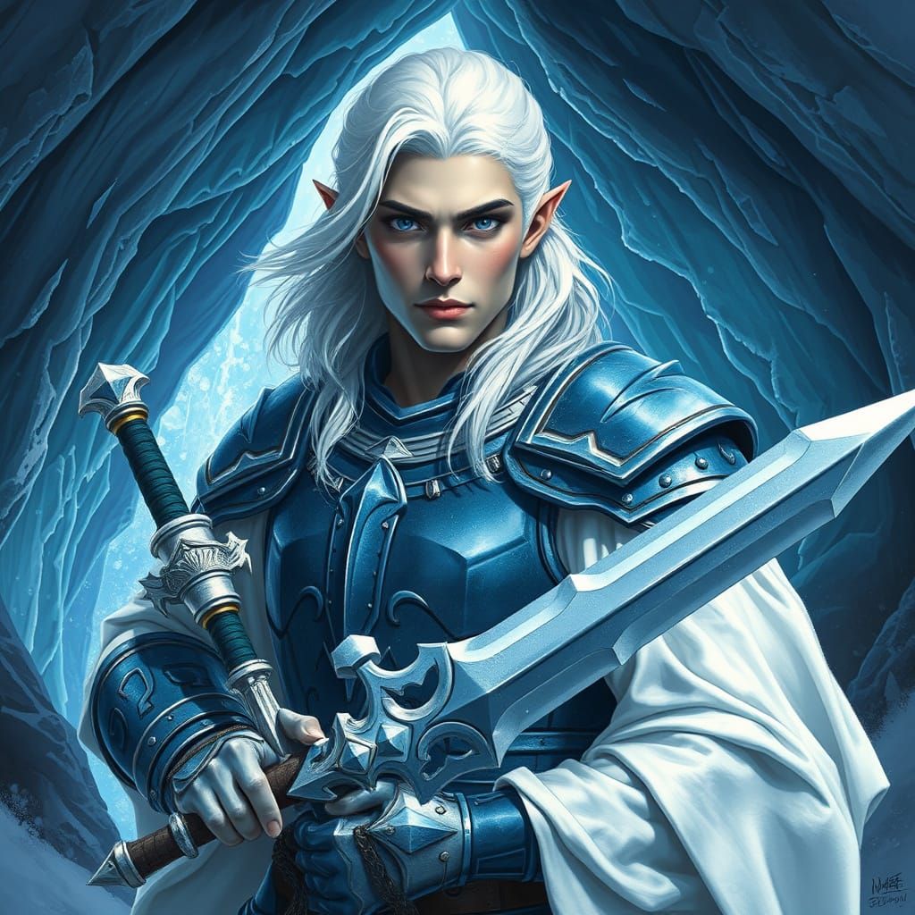Regal Ice Elf in Blue Plate Armor, Sword in Hand, Before an ...
