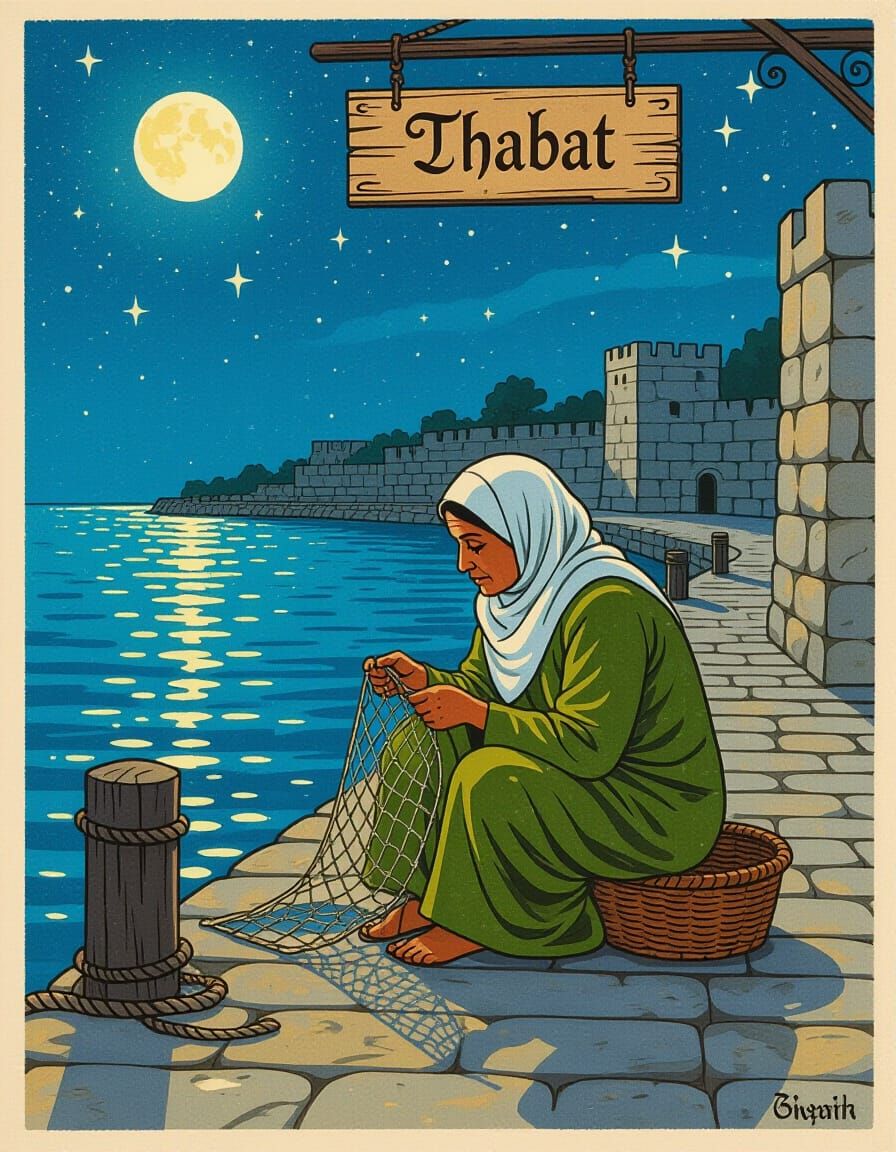 Palestinian Woman Weaving a Star Net in Arabian Nights Style