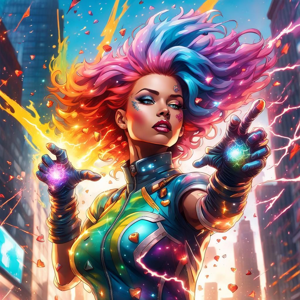 Rainbow Goddess of Lightning in Anime Action Style