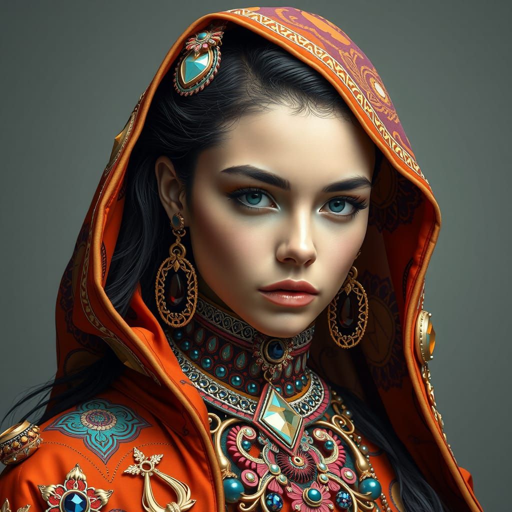 Hyperrealistic Portrait of Woman in Futuristic Apparel