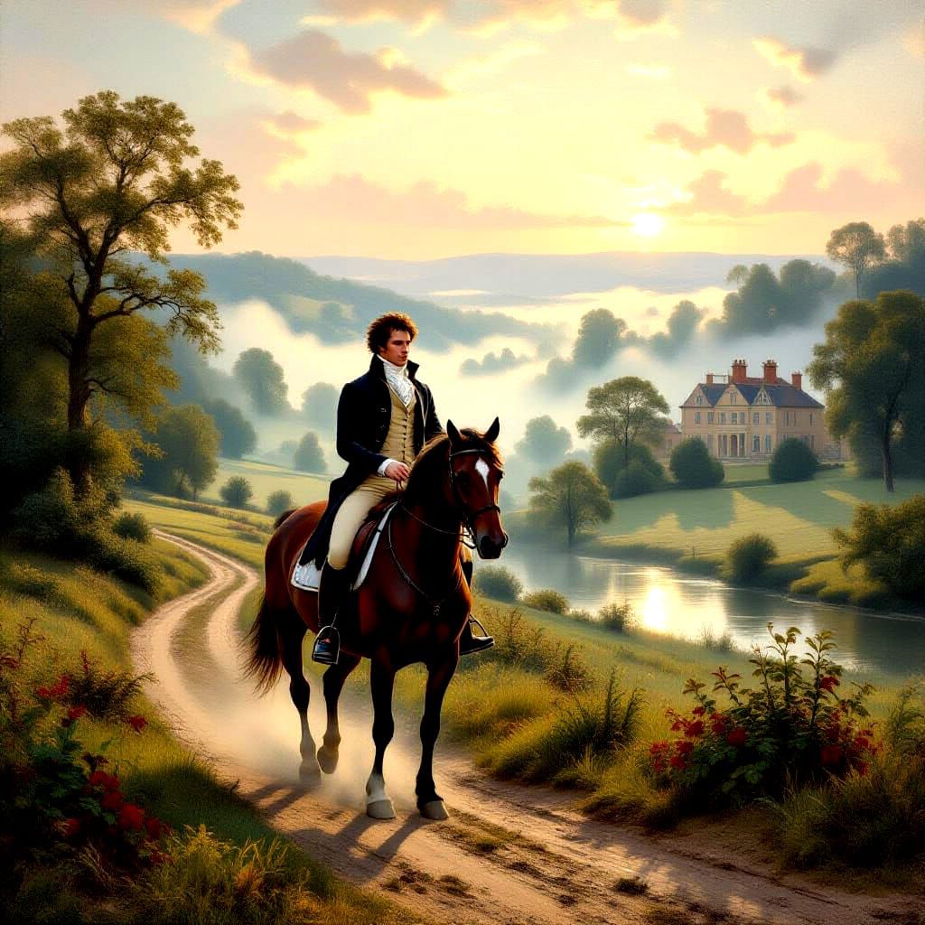 Regency Gentleman Rides Through Misty English Countryside