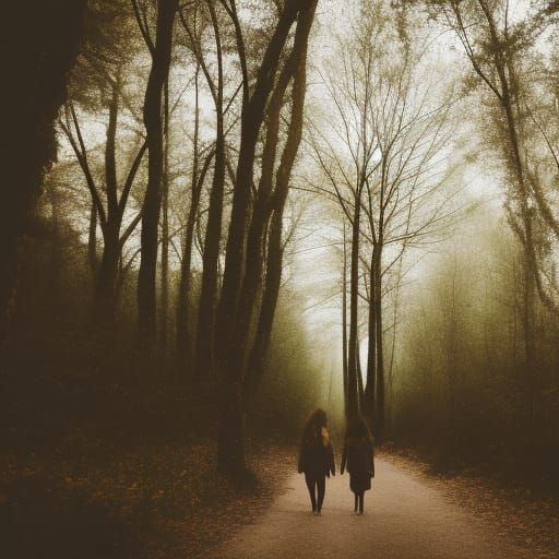 Women Walk Hand-in-Hand Through Dark Forest