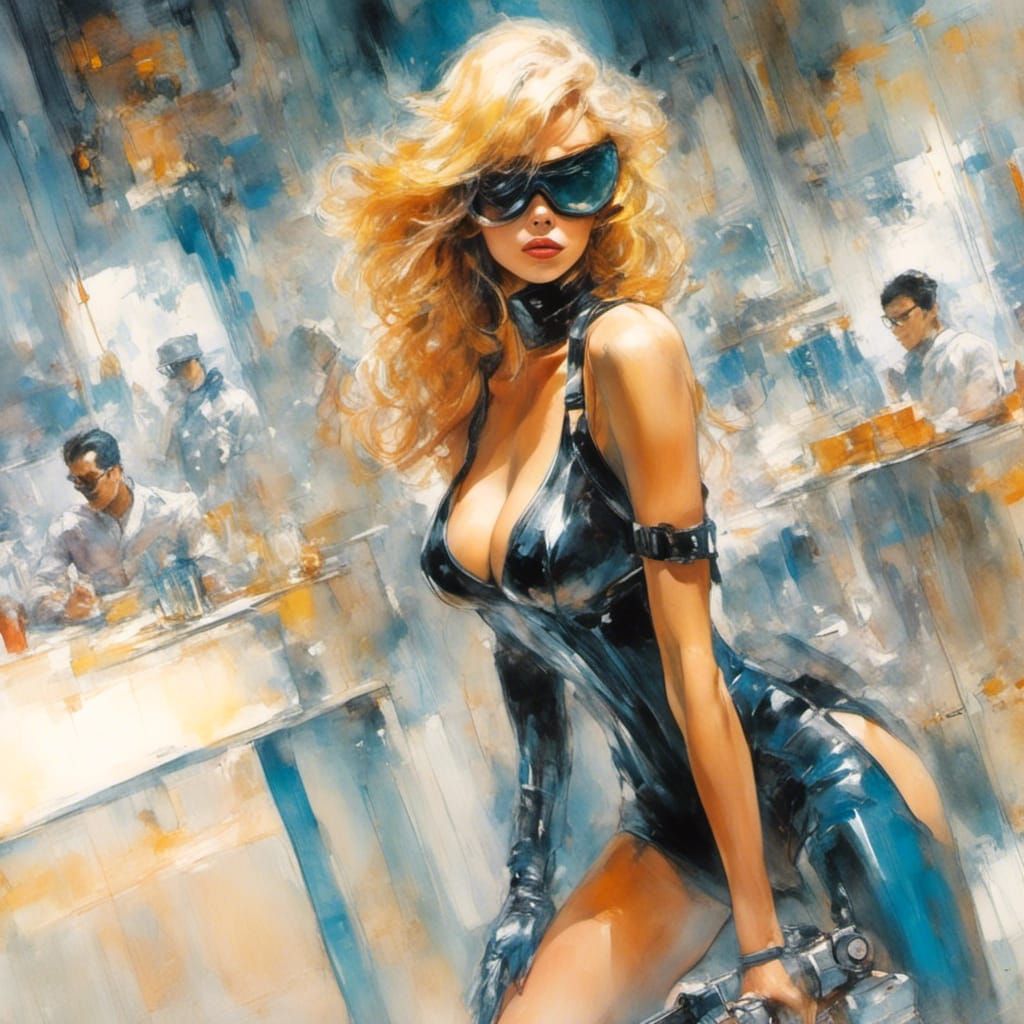 Femme Fatale Battles Guards in High-Tech Lab