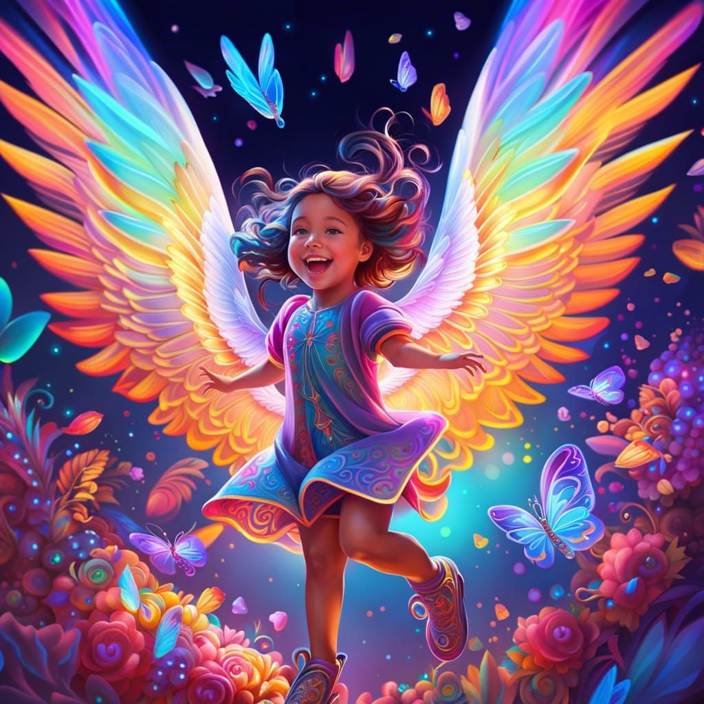 Joyful Girl with Holographic Wings in Digital Art