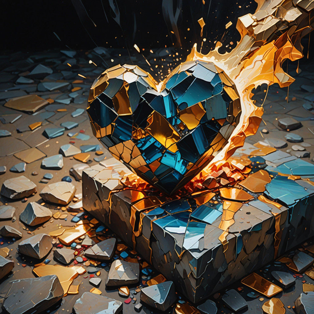 Golden Hammer Shatters Stone in Vibrant Oil Painting