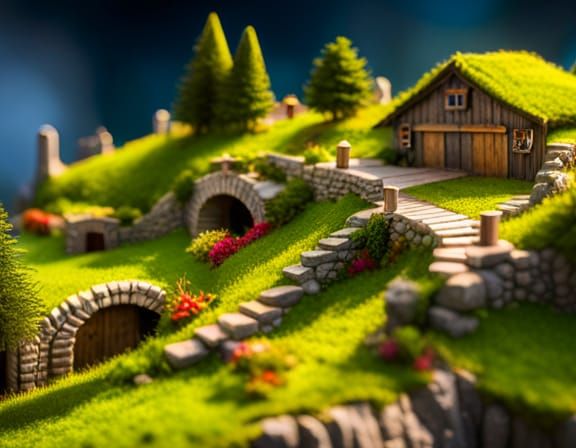 Miniature Hobbit Village in Photorealistic Style
