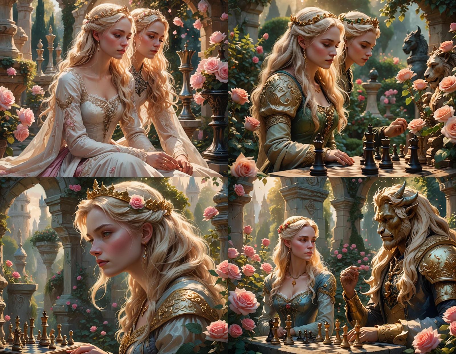 Queen and Beast in Rose Garden: Impressionist Fantasy