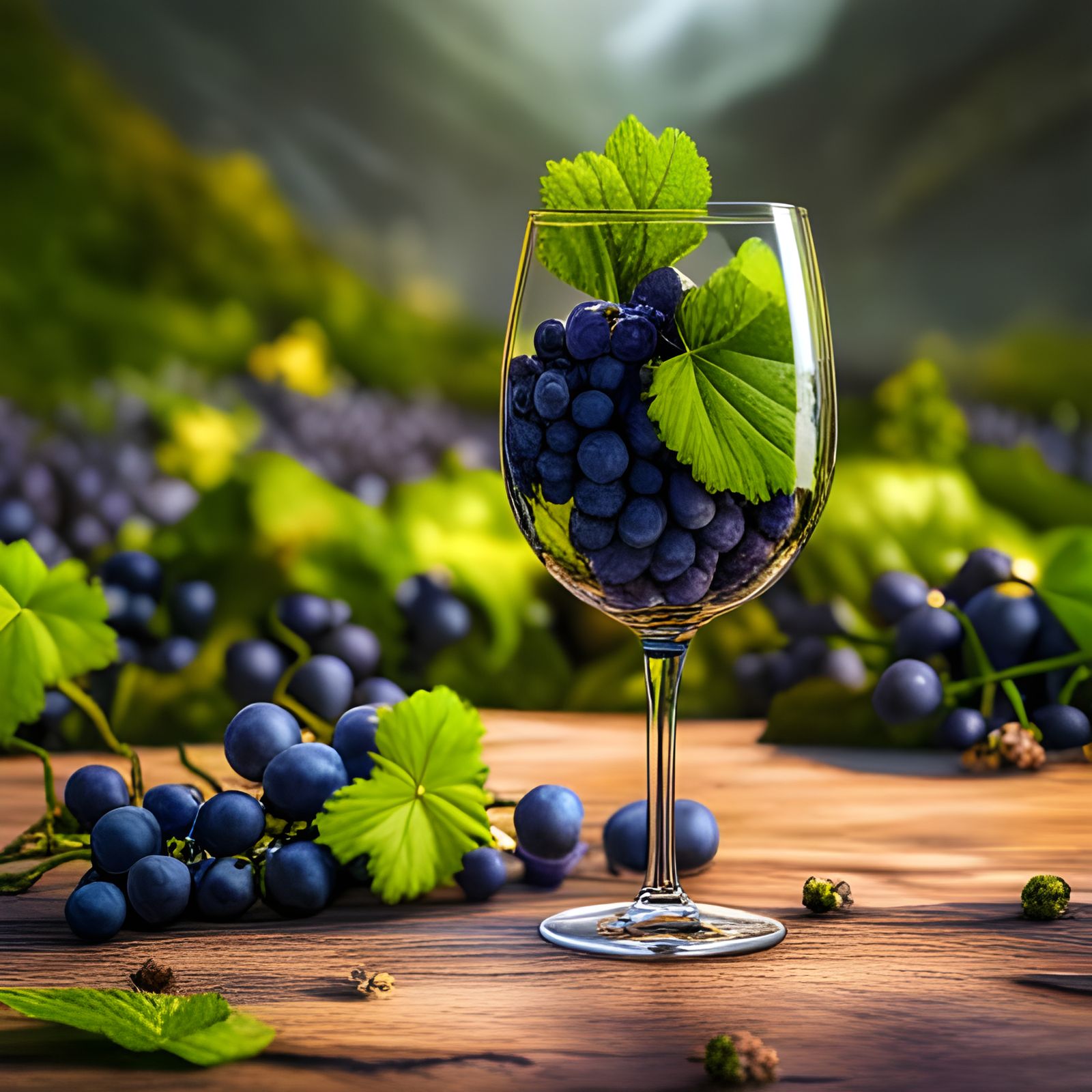 Grape Vine Vineyard with Wine Glass in Rain