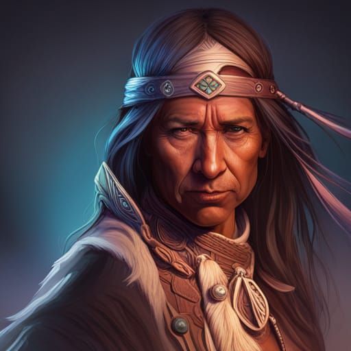 Native American Portrait with Horse, Hyperdetailed Digital A...