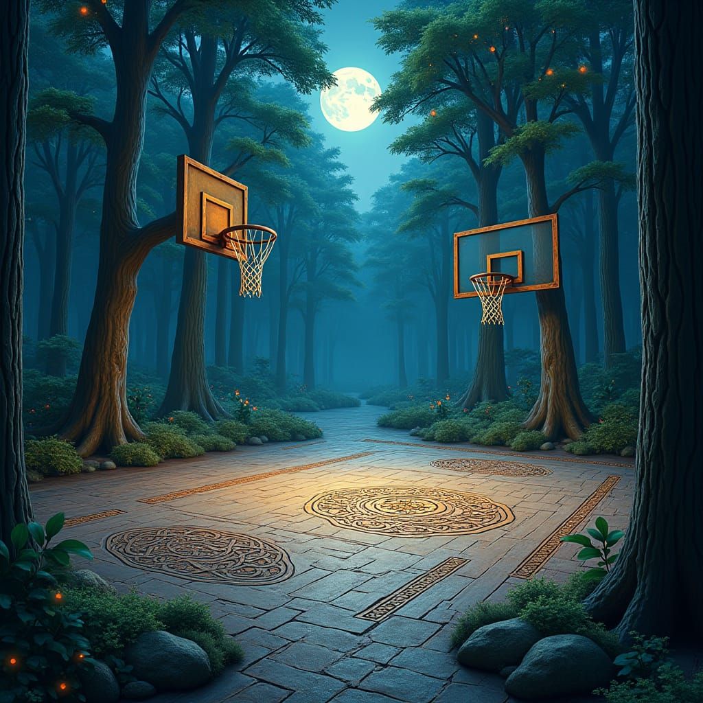 Mystical Forest Basketball Court in Dreamlike Style