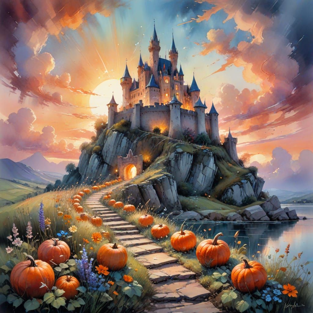 Magical Stone Castle in Sunset Cloudscape with Wildflowers