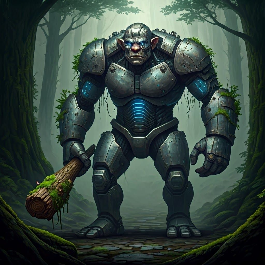 Robot Troll in Mystical Forest, Dark Fantasy Art