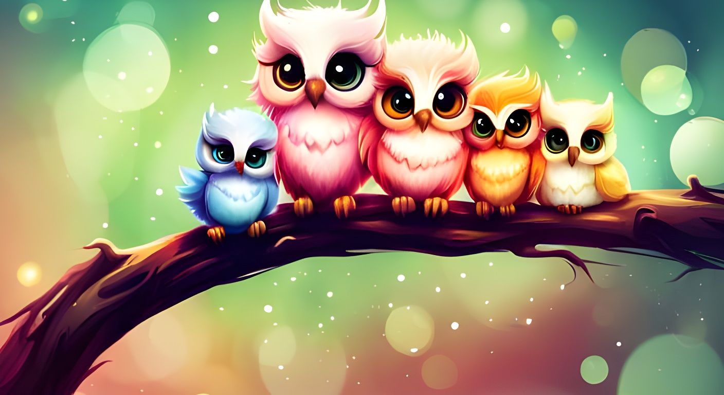 Rainbow Baby Owls in Fantasy Forest, Oil Painting