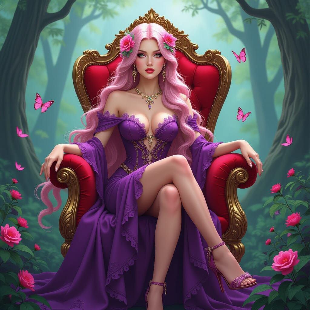 Fantasy Queen on Ornate Throne in Misty Forest
