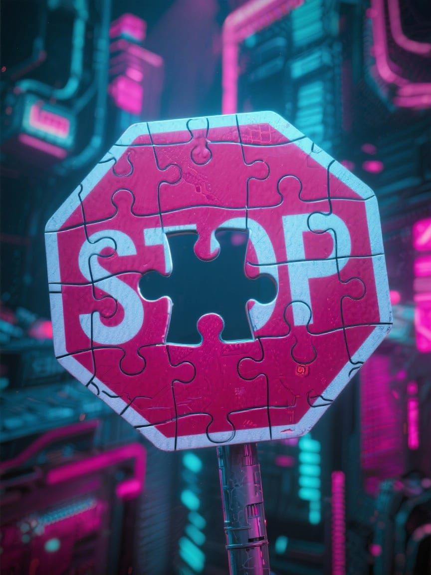 Cyberpunk Jigsaw Puzzle With Missing Piece And Stop Sign