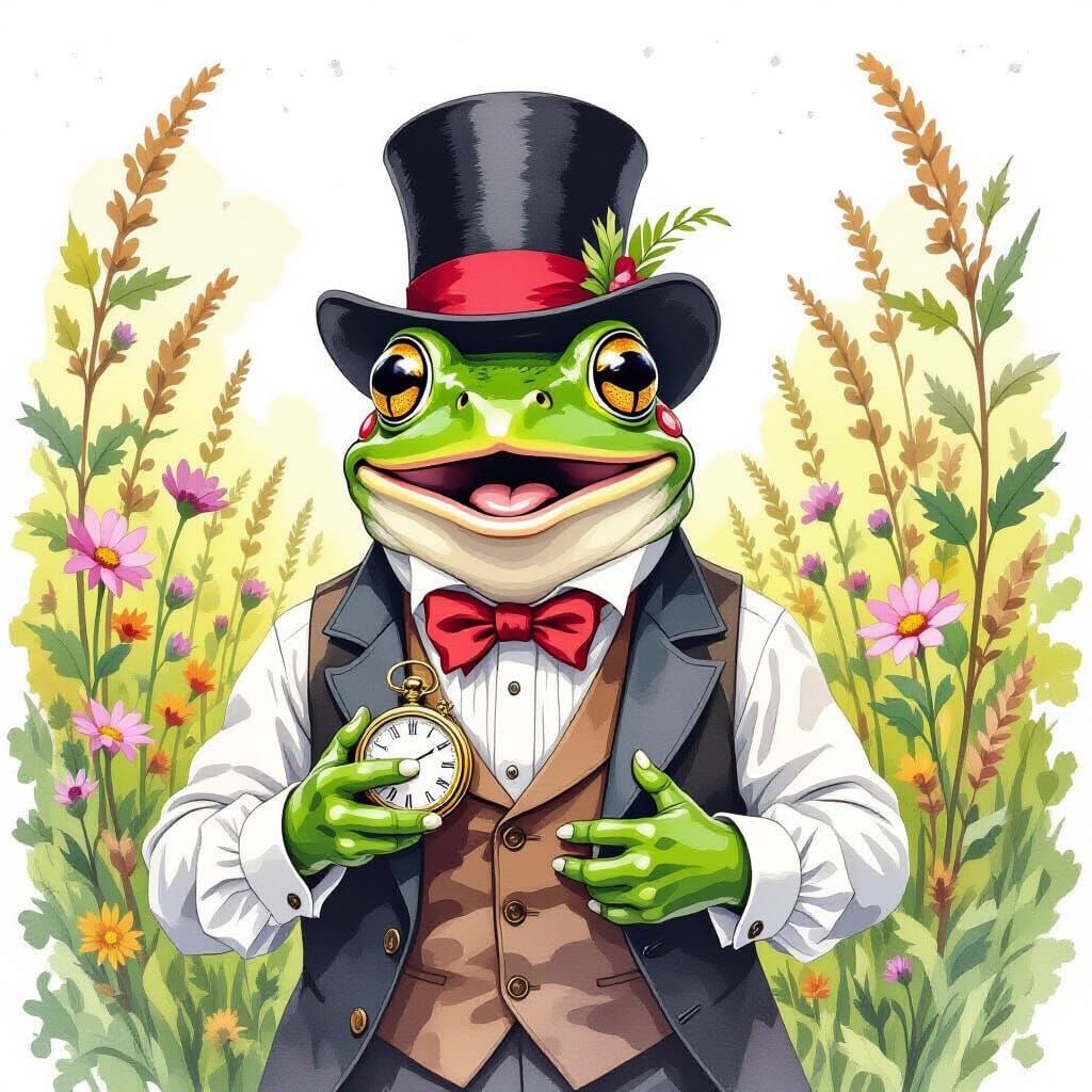 Frog Gentleman's Time Mishap: Whimsical Watercolor Art