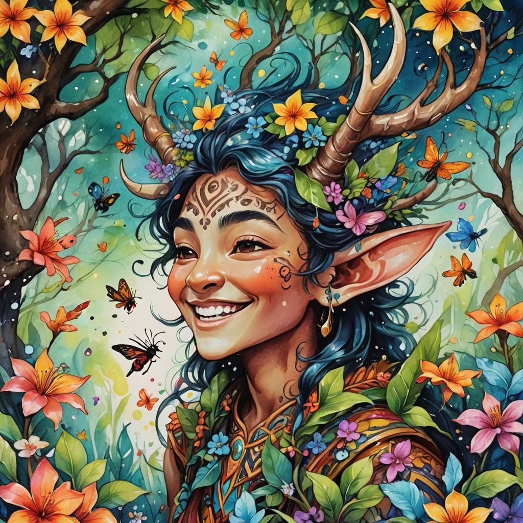 Laughing Polynesian Elf with Flowers, Watercolor Painting