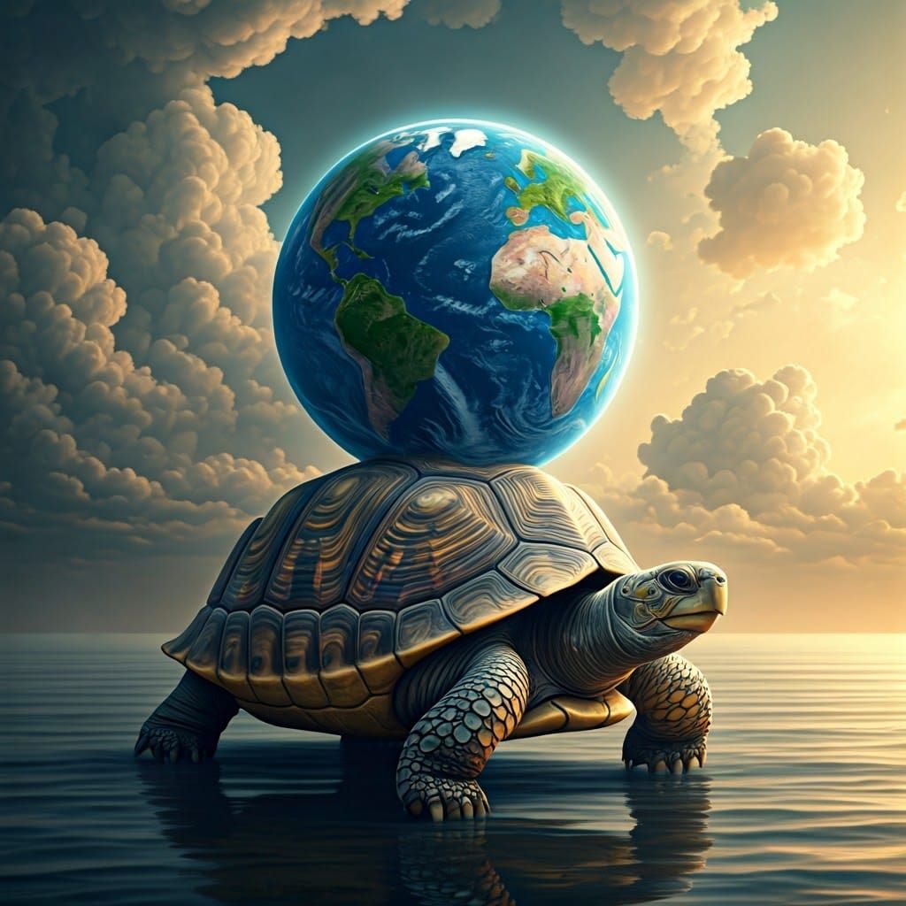 Ancient Turtle Supports the Earth in a Whimsical Dreamscape