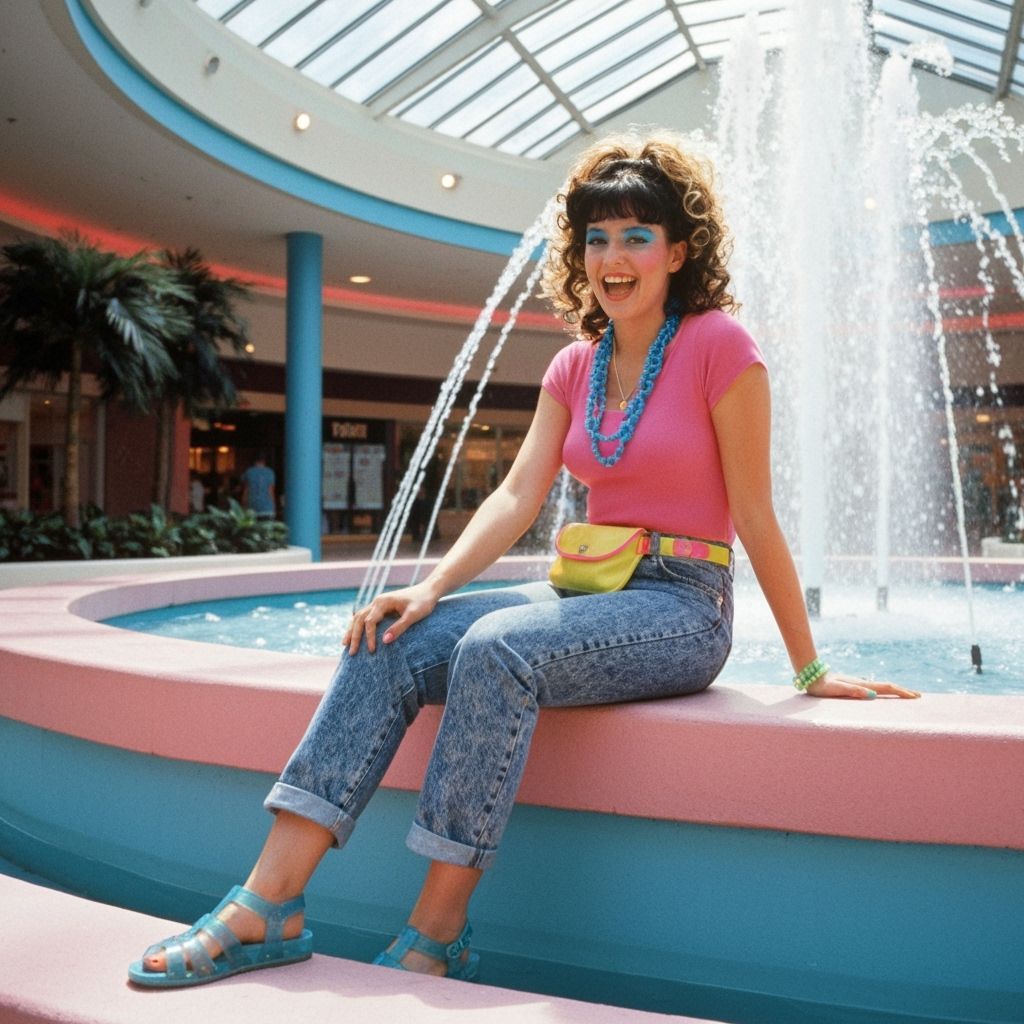 1980s Mall Fashion: Happy Lady in Neon Style