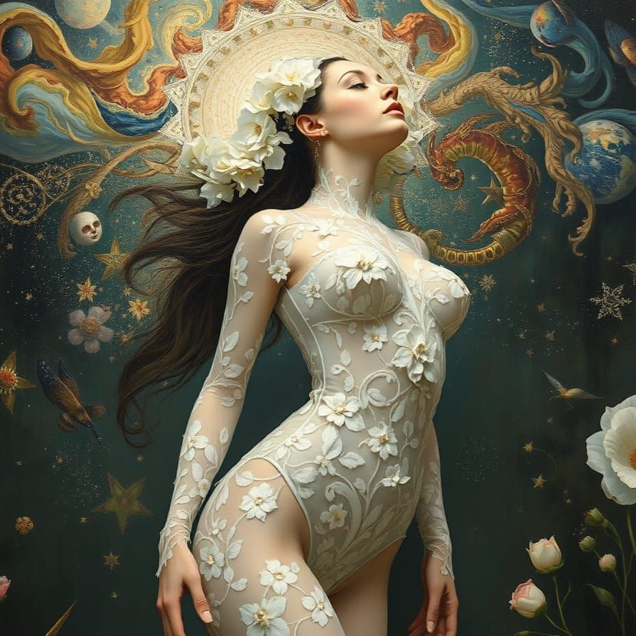 Ethereal Goddess in Floral Cosmic Armor