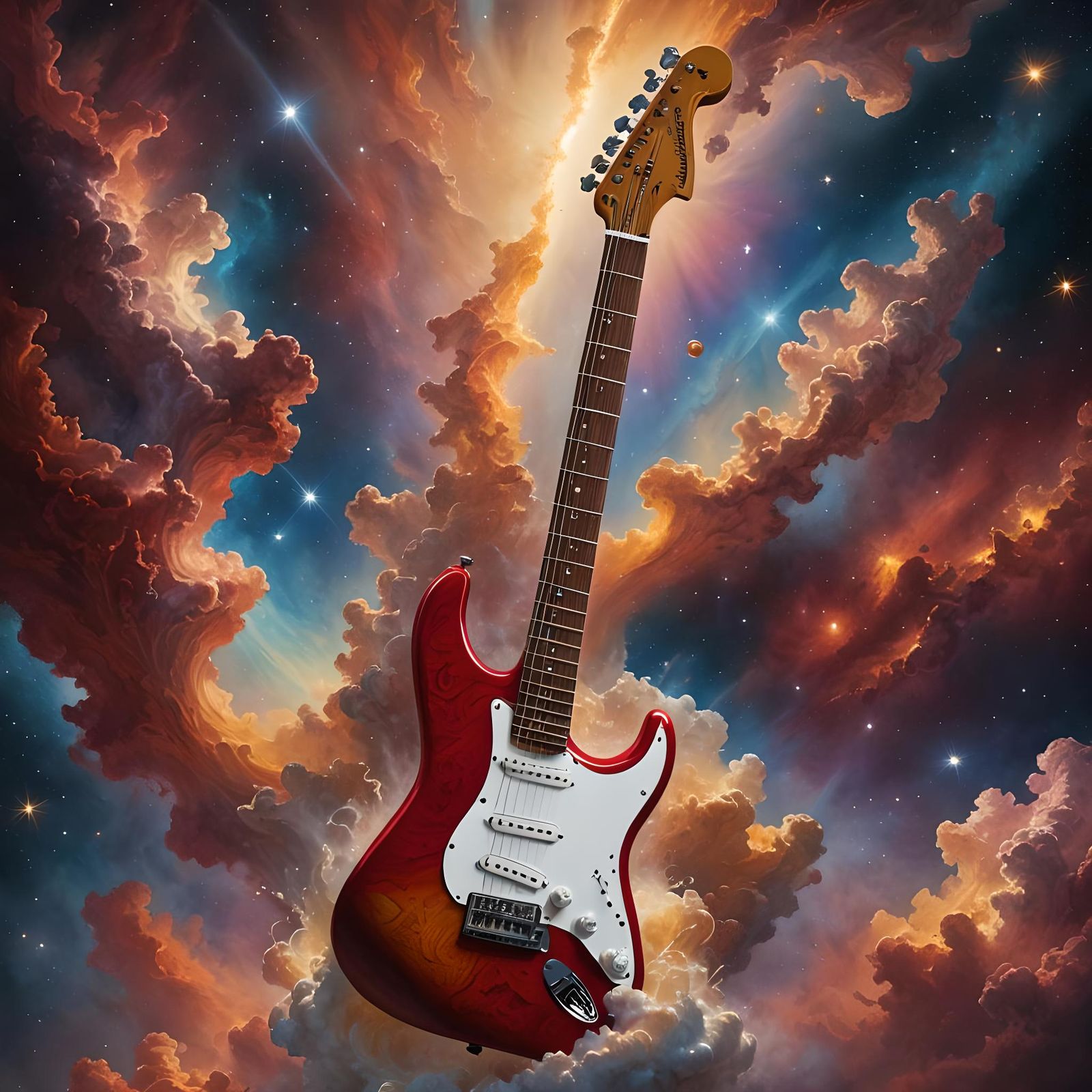 Red Stratocaster Guitar Floating in Space