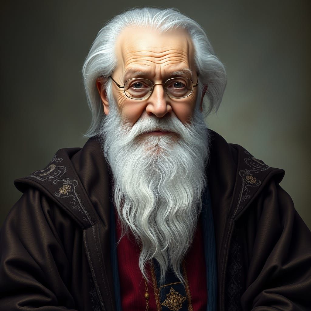Elderly Wizard with Distinctive Nose and Half-Moon Spectacle...