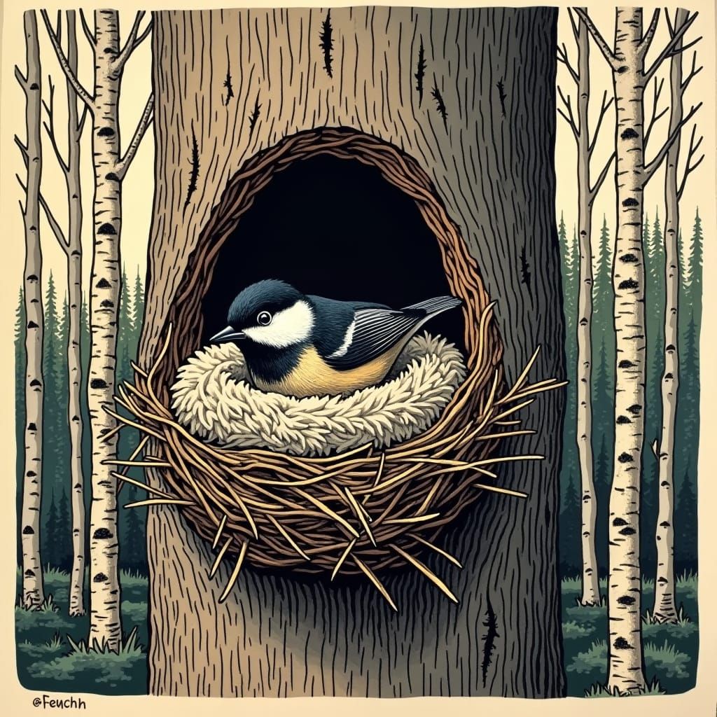 Woodcut. The nest of a black-capped chickadee is typically a...
