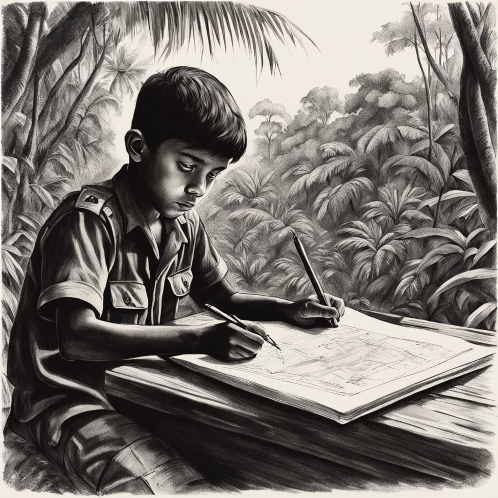 Boy Drawing in Jungle with RAF Hurricanes, Charcoal Sketch