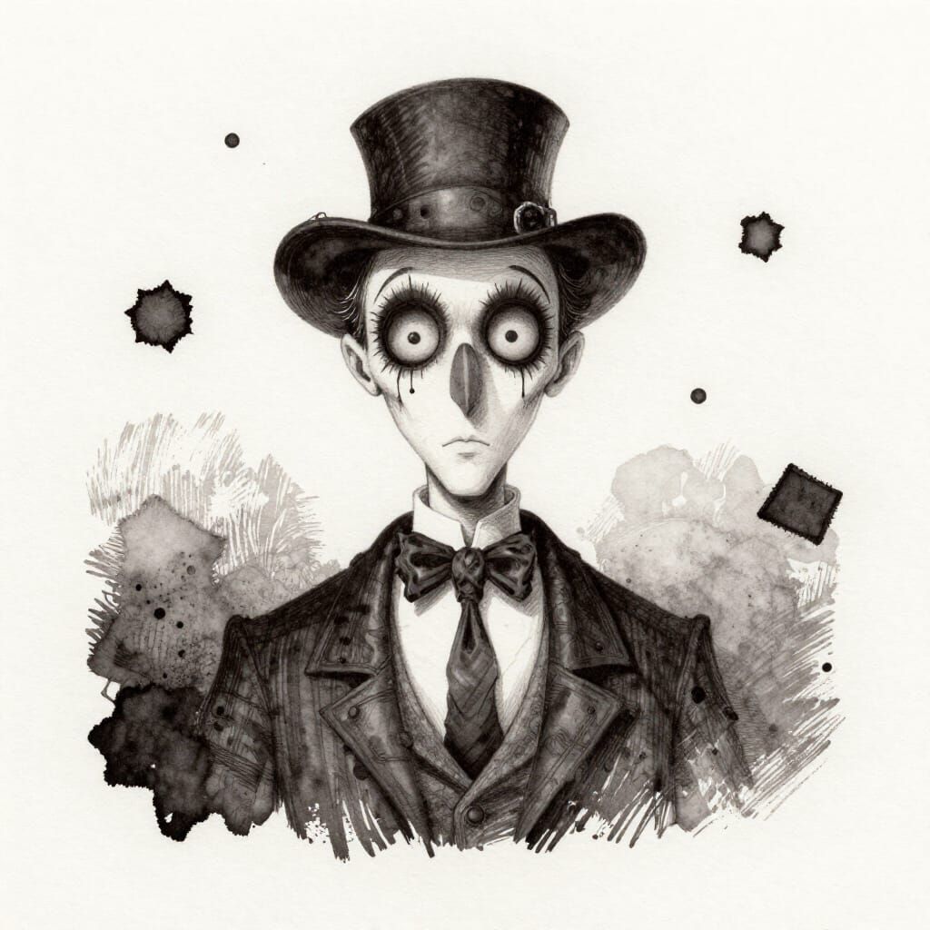 Macabre Ink Drawing of Whimsical Characters