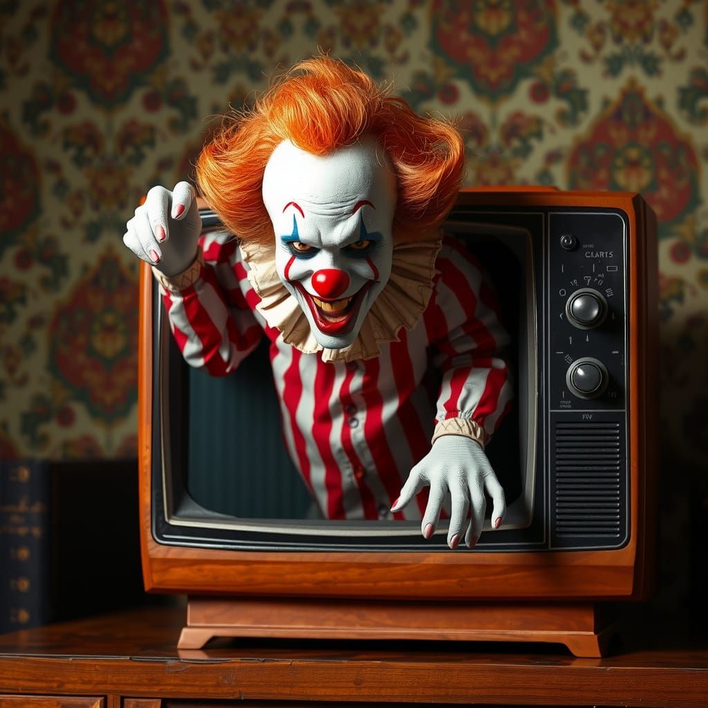 Creepy Clown Emerges From Television Set