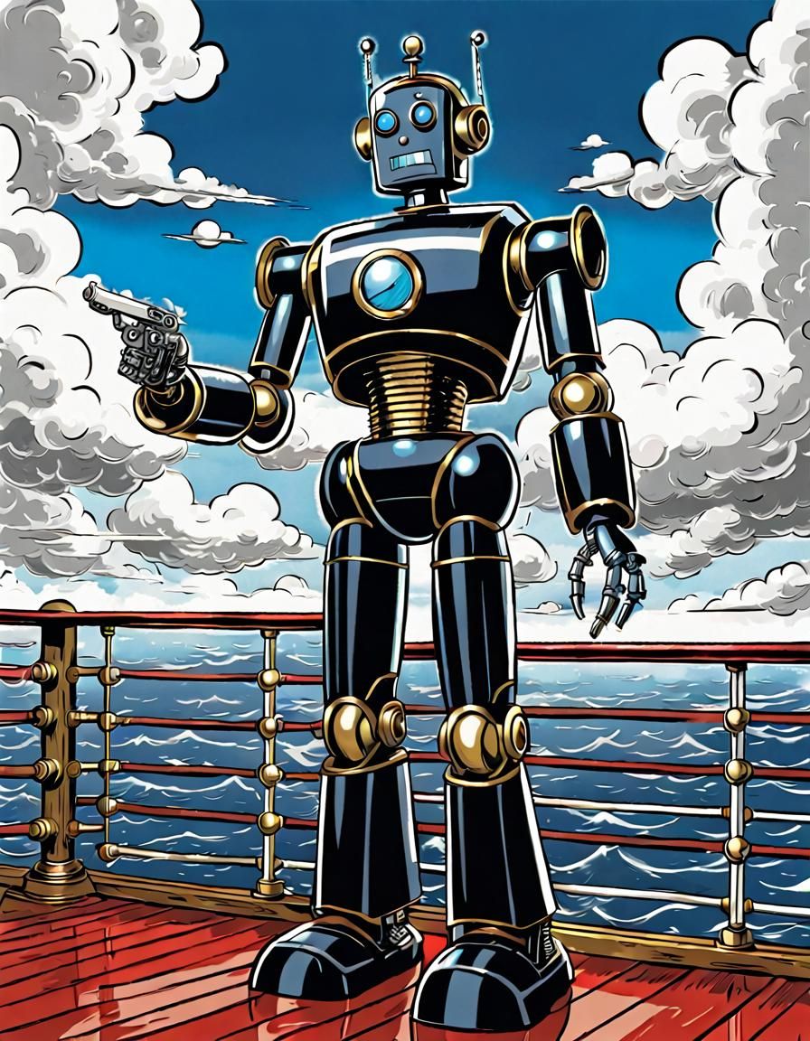 Robot Detective on Clipper Ship in Comic Style