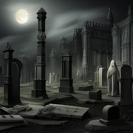 Moonlit Cemetery Ghosts in Horror Style