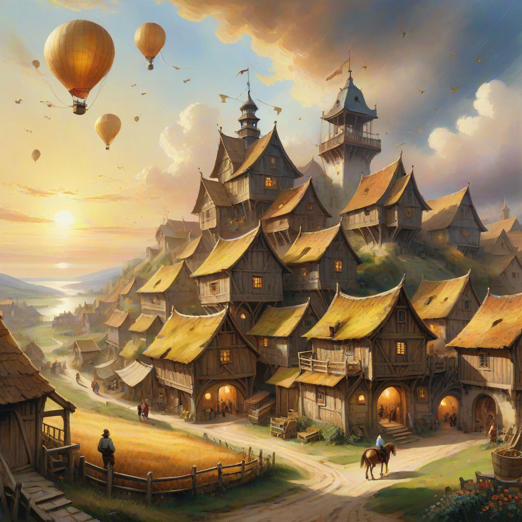 Royal Galleon Soars Above an Idyllic Village in Whimsical Wa...